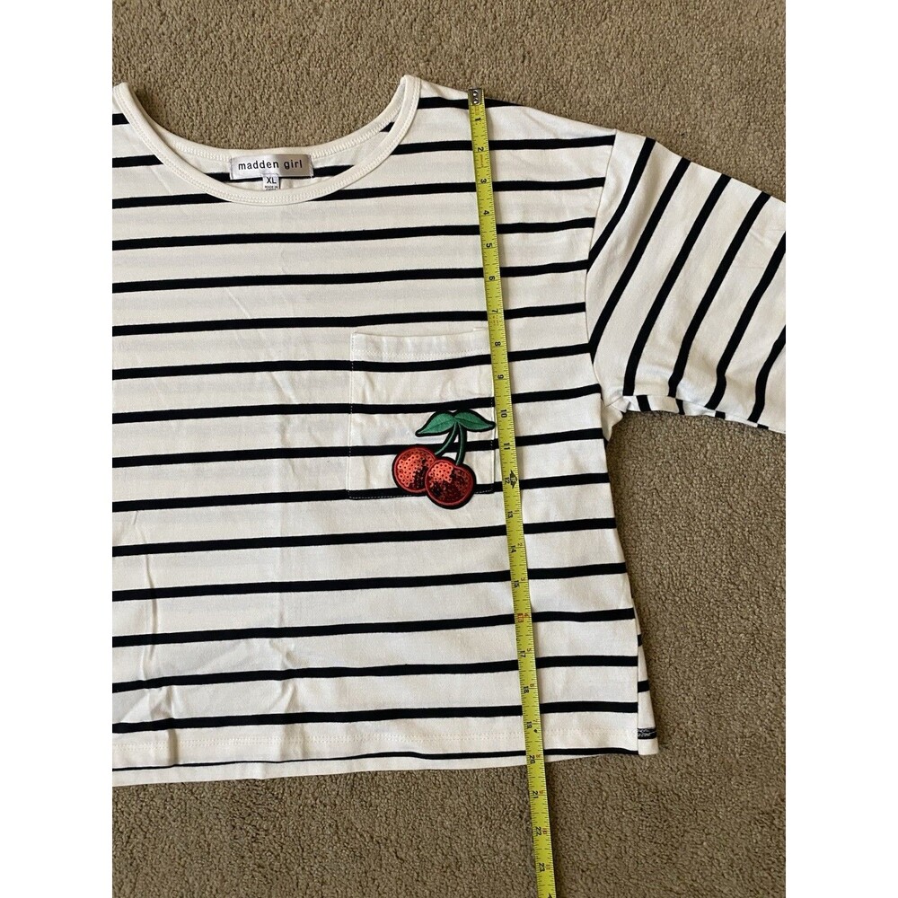 Madden Girl Striped Long-Sleeve Crop Top Sequin Cherry Patch Y2K Style Size XL - Picture 5 of 10